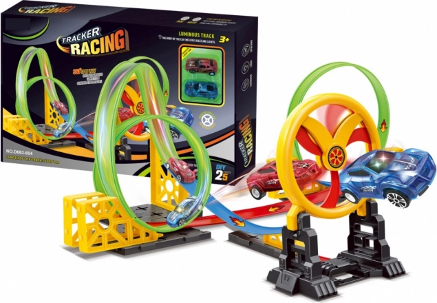Racerbane til børn med bevægelig ring og 2 LED-biler med 3 loops