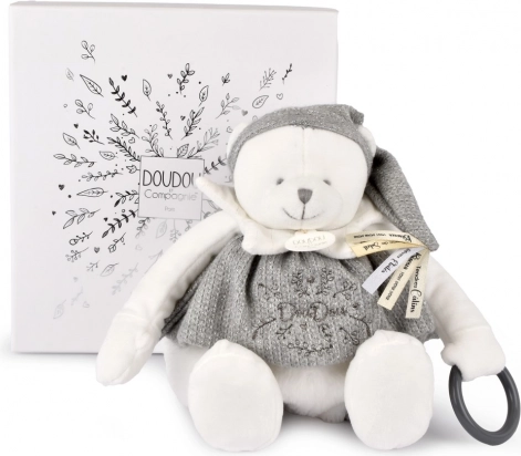Doudou plysbjørn isbjørn med ring 30 cm grå