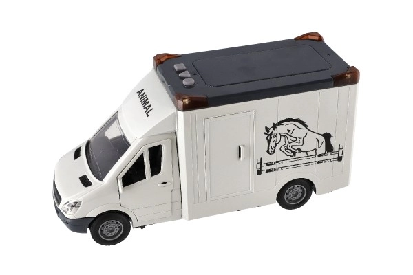 Auto dyretransport plast 28cm med heste på inerti med lys og lyd grå i æske 39x18cm