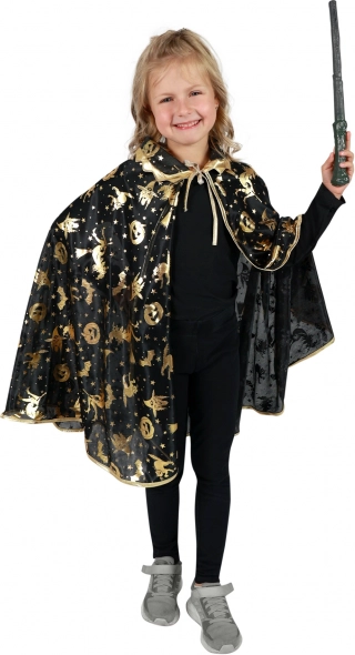 Børneheksekappe til Halloween, sort med gyldne motiver