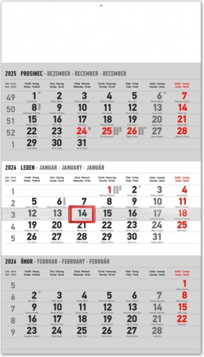 Vægmonteret tre-måneders kalender med tjekkiske navne 2026 grå