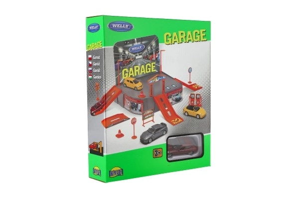 Welly Garage + bil Welly Porsche metal/plastik i kasse 21x25x5,5cm