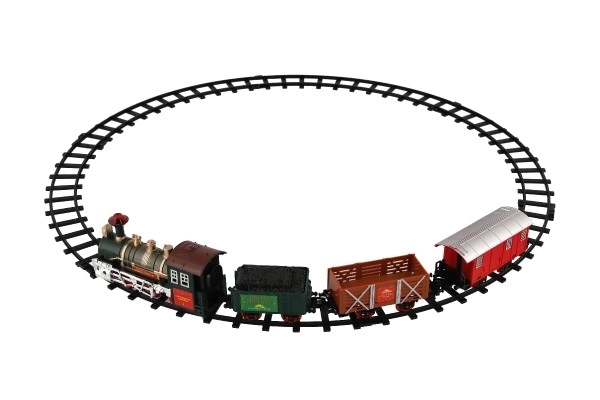 Tog + 3 vogne med skinner 8 stk på batteri med lyd og lys i kasse 41x28x6cm