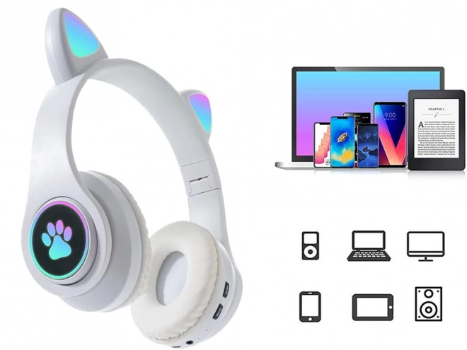 Trådløse hovedtelefoner bluetooth radio fm mp3 katteører LED belysning – Hvide