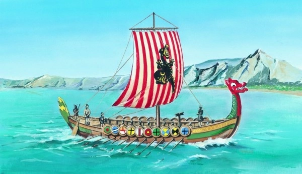 Model Vikingeskib DRAKKAR 1:60 20,8x30,3cm i kasse 34x19x5,5cm