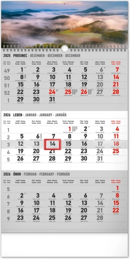 Vægkalender med tre måneder landskab grå 2026 med tjekkiske navne 29,5 × 43 cm