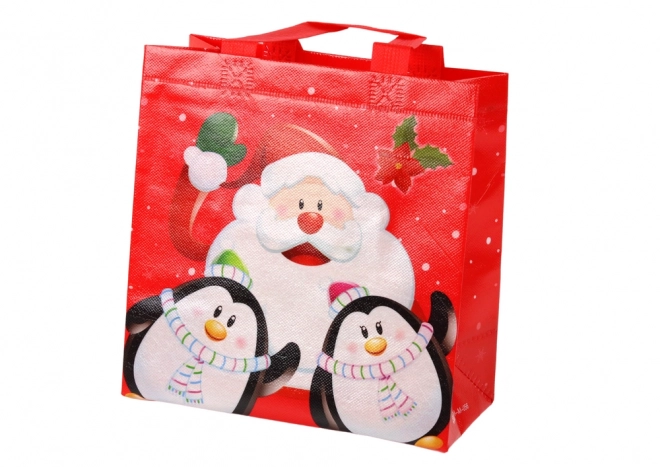 Gavepose Santa og pingviner rød 22cm x 22cm x 11cm