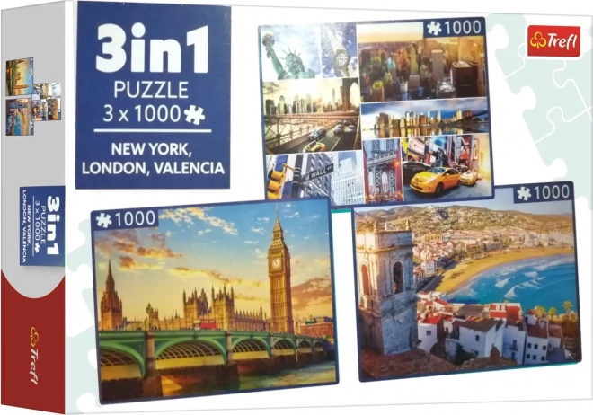 Puslespil New York, London og Valencia 3x1000 brikker