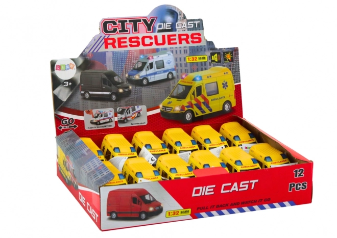 Ambulance model 1:32 med åbne døre, lys- og lydeffekter - gul