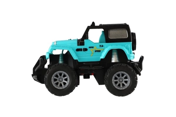 Auto RC terrængående 14cm plast 27MHz med lys i boks 20x11x10cm – Turkis