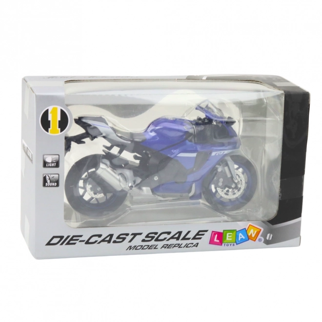Metalisk sportsmotorcykel blå R1 1:12