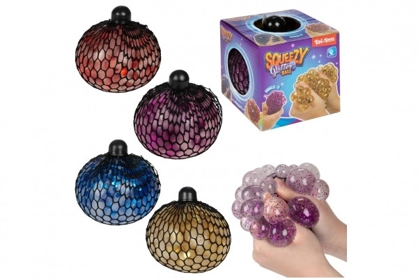Antistress bold med glitter i net 10cm i 4 farver i kasse 9x9,5x9cm