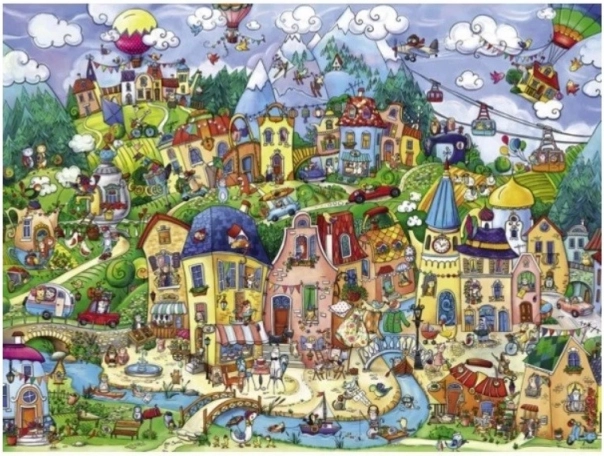 Rigt illustreret lille by fuld af detaljer