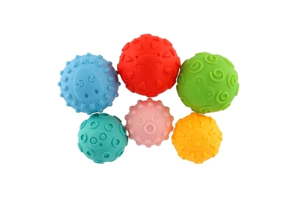 Sæt af bolde 6 stk med tekstur, gummi 6-8cm i kassen 15x24x8cm 6m+
