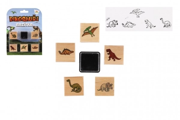 Træstempler 5+1 med pude dinosaurer 3x3cm på kort