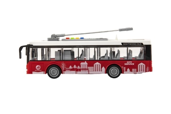 Bus/trolleybus plast 28cm med friktion på batteri med lys og lyd i kasse 32x17x11cm