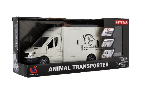 Auto dyretransport plast 28cm med heste på inerti med lys og lyd grå i æske 39x18cm