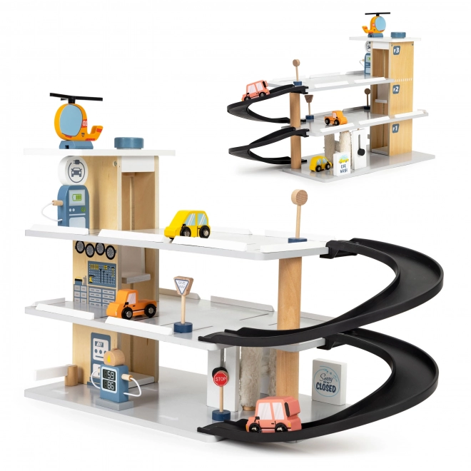 Trægarage med elevator og biler ECOTOYS
