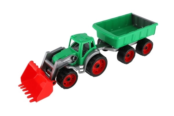 Traktor/lastmaskine/graver med trailer i liggende plast til fri kørsel 2 farver i net 16x61x16cm