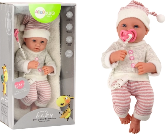 Babydukke med sweater, hue og sut – lyserød