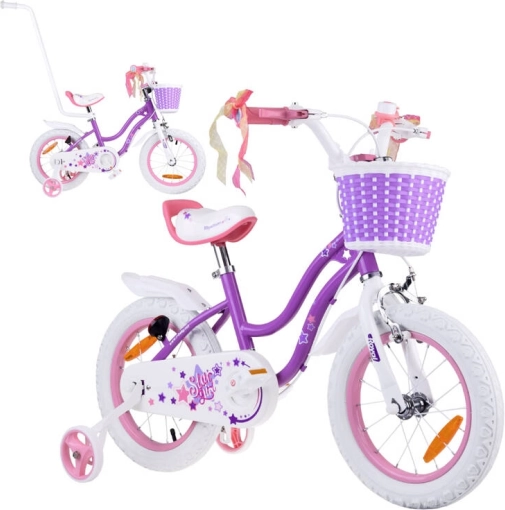 Børnecykel RoyalBaby Star Girl 14 tommer med kurv og støttehjul – Lilla