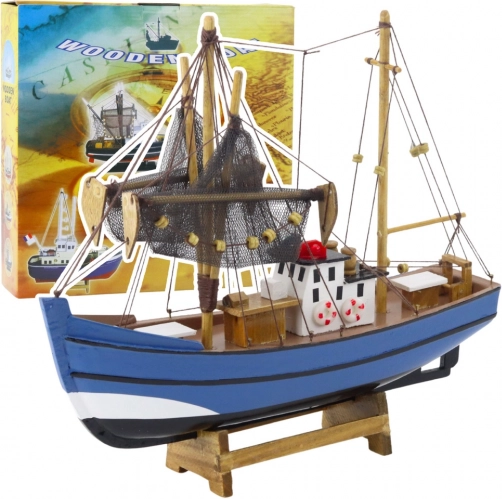 Model af dekorativt fiskerbåd blå 30x26 cm