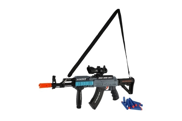 Samopal med skumpatroner + 12 stk plastpatroner 60cm med batterier med lys og lyd i kasse 65x27x6cm