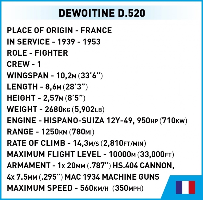 COBI 5734 II Verdenskrig Dewoitine D.520, 1:32, 335 kl, 1 f