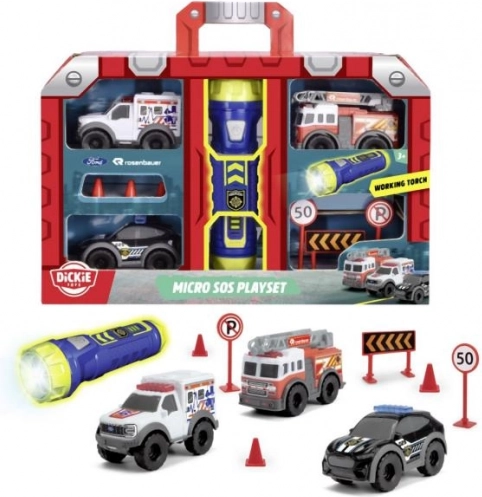 SOS mikro-sæt med lygte – mini brandvæsen, politi og ambulance
