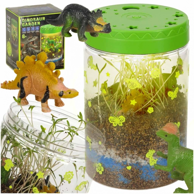 Terrarium til plantning med LED-lampe og dinosaurer