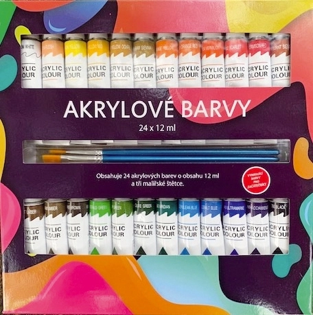 Acrylfarver 24x12ml med 3 pensler også til keramik, glas, sten i æske 22x22x2cm