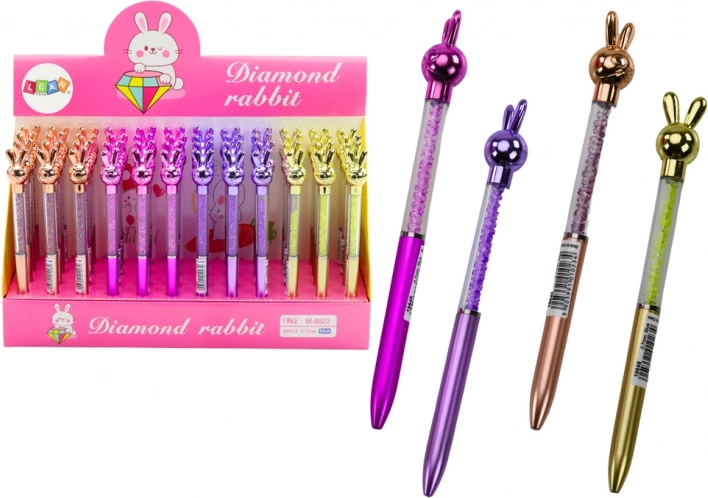 Kuglepen med kanin og krystaller, blå refill 0,7 mm, mix af farver