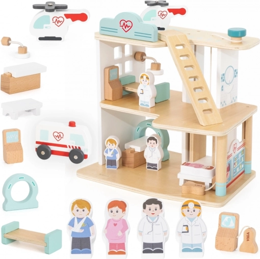 Træhospital med ambulance og elevator, 15 dele, Viga