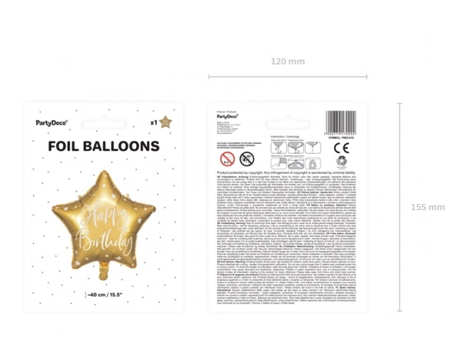 Guld folieballon med stjerne Happy Birthday - 40 cm