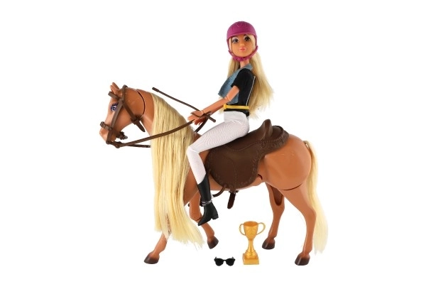 Hest drikkeflaske + dukke jockey Anlily leddet plast med tilbehør i kasse 32x36x11cm