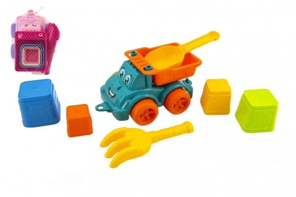 Sæt til sand 6stk plastbil med frit løb med tilbehør 2 farver i net 16x13x21cm 12m+