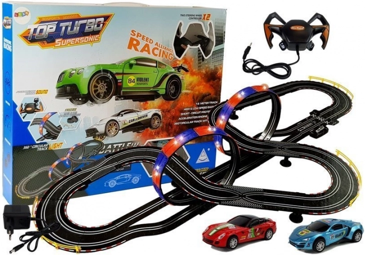 Racerbane 1:43 med 2 biler Top Turbo med lys, længde 7,6 m