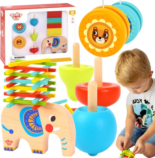 Træspilsæt – elefant, mikado, snurretop og yo-yo 46 stk TOOKY TOY