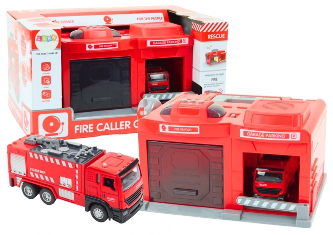 Brandstation med bil og walkie-talkie