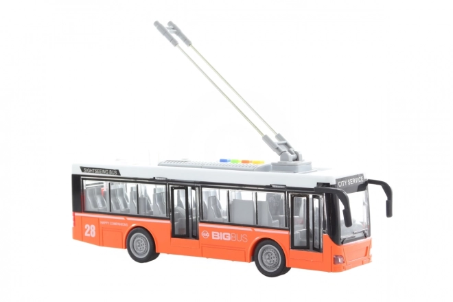 Orange batteridrevet legende og lysende trolleybus