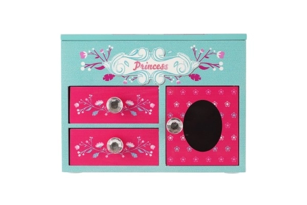 Prinsesse smykkeskrin 3 skuffer afklappelig top med spejl træ 16x12,5x12cm i kasse