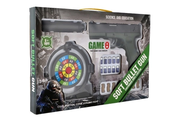 Pistol med skumgummipatroner plast 20cm med lyddæmper, mål, patroner 18 stk i æske 40x28x4,5cm
