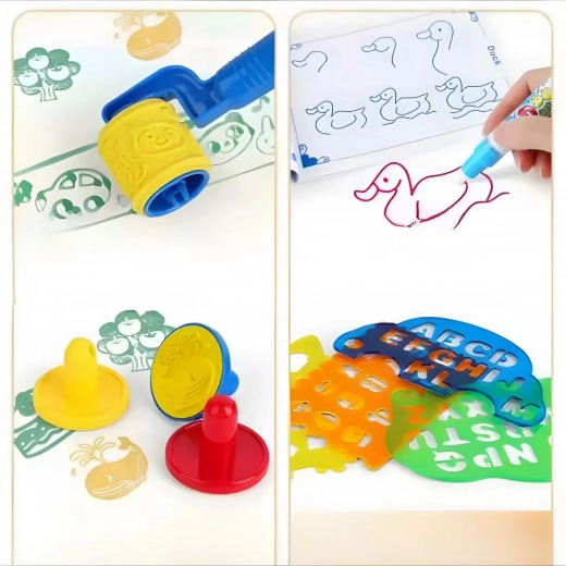 Rigt sæt med skabeloner, stempler og rulle