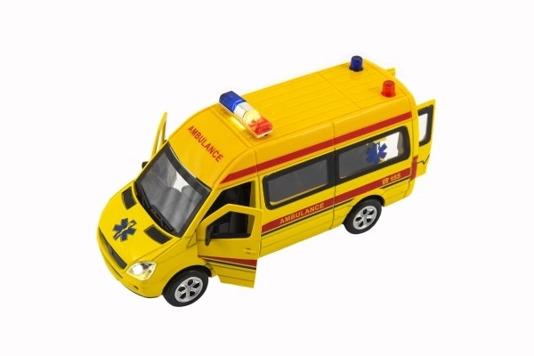 Auto ambulance metal/plast 15cm med batteri, med lys og lyd på tilbagespoling 6stk i boks