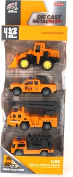Sæt med metalbyggemaskiner 1:64 – 4 stk., træk-op