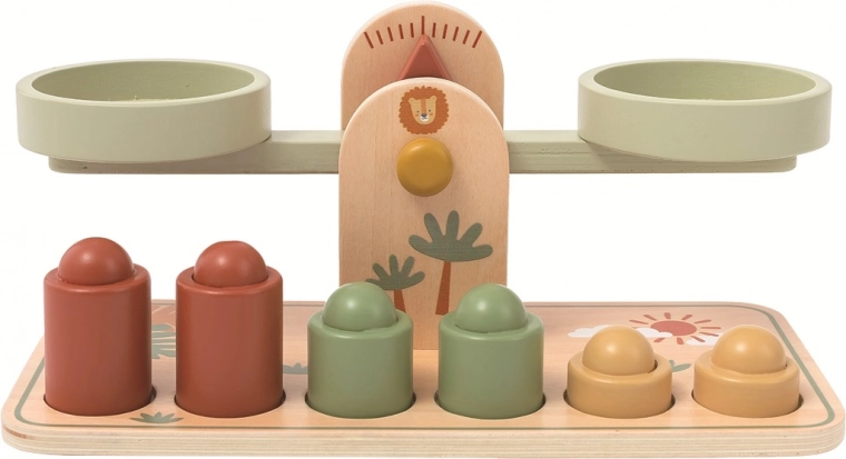 Træ-børnevægt med skåle i pastelfarver inspireret af Montessori