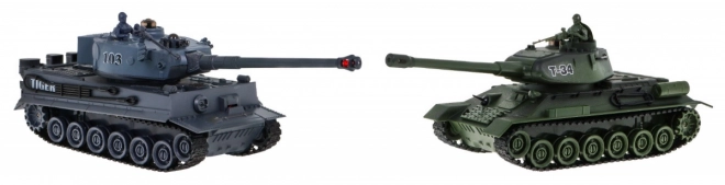 Fjernstyrede 2 tanke T-34 vs. Tiger til børn 3+ Skydemodeller 1:28 + Stor tankkamp + Lysende lyde