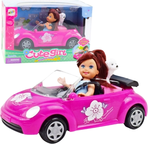 Mini-dukke med lyserød cabriolet og hund