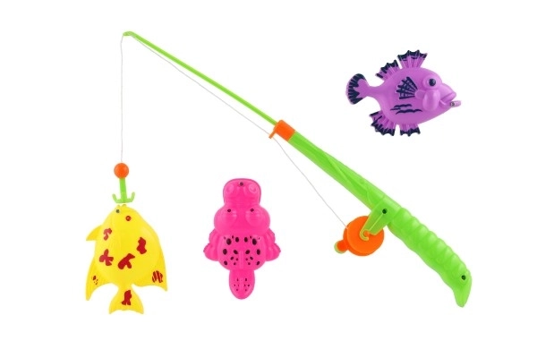 Fiskespil/fisker magnetisk plastik 3 stk.+stang plastik 34cm mix farver på kort