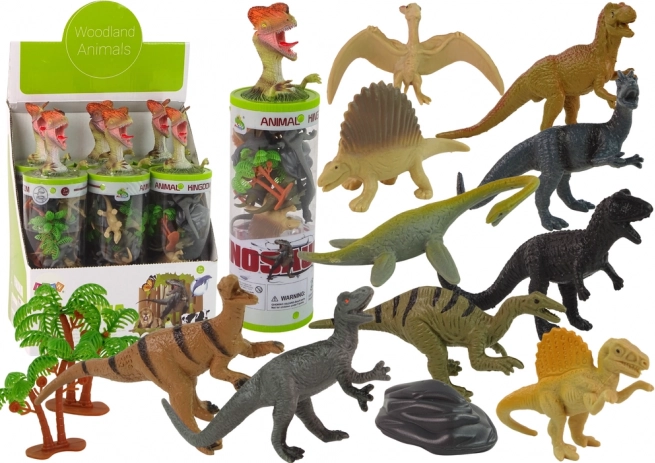 Sæt med dinosaurfigurer i rør med tilbehør – 12 stk.